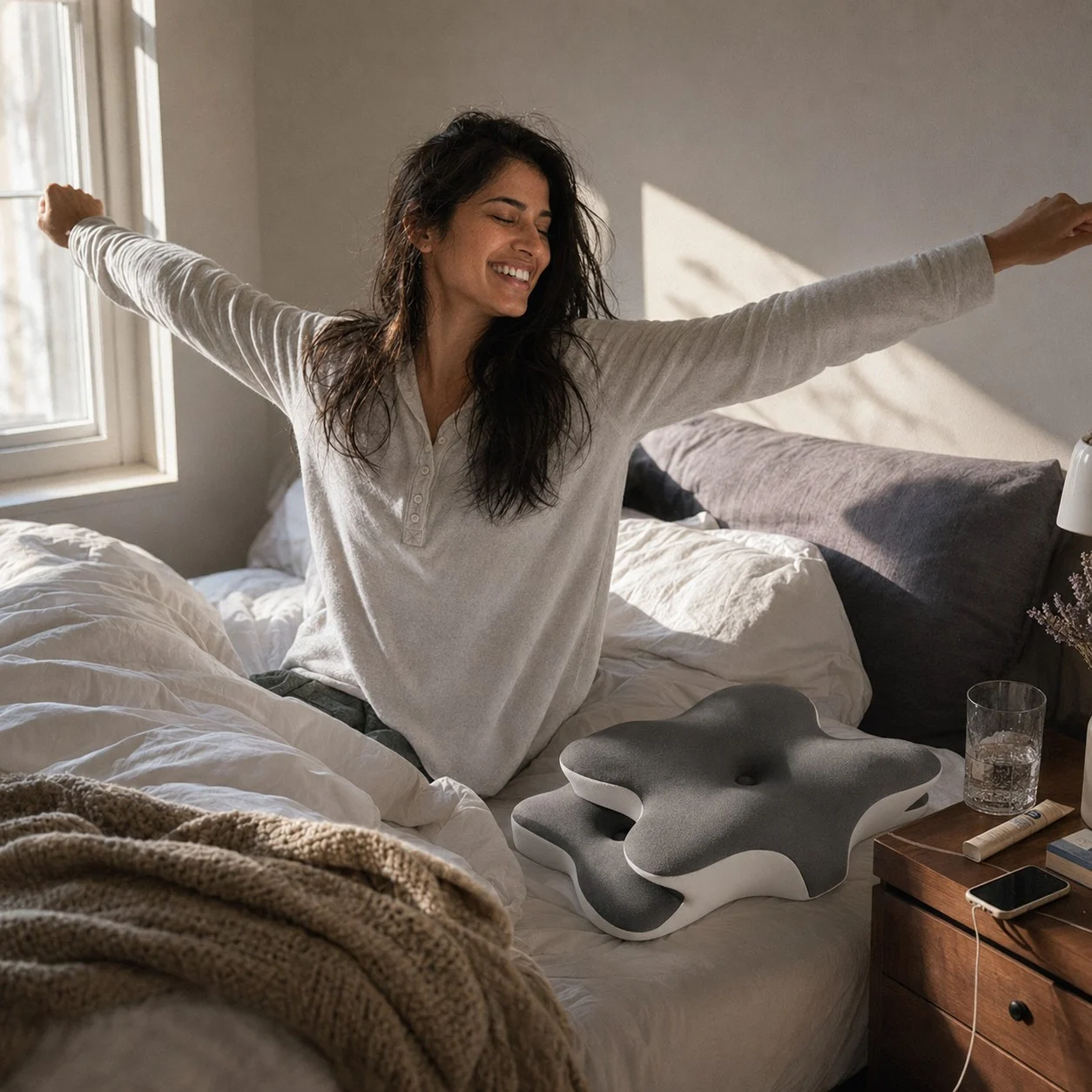 Woman stretching awake in bed in the morning, her Numa pillow beside her